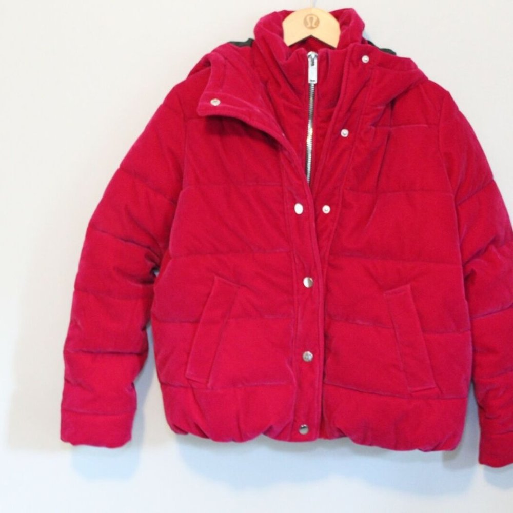 NWT River Island Velvet Hooded Padded Puffer Coat Pink Women's Size 8 H11583 - Picture 2 of 12